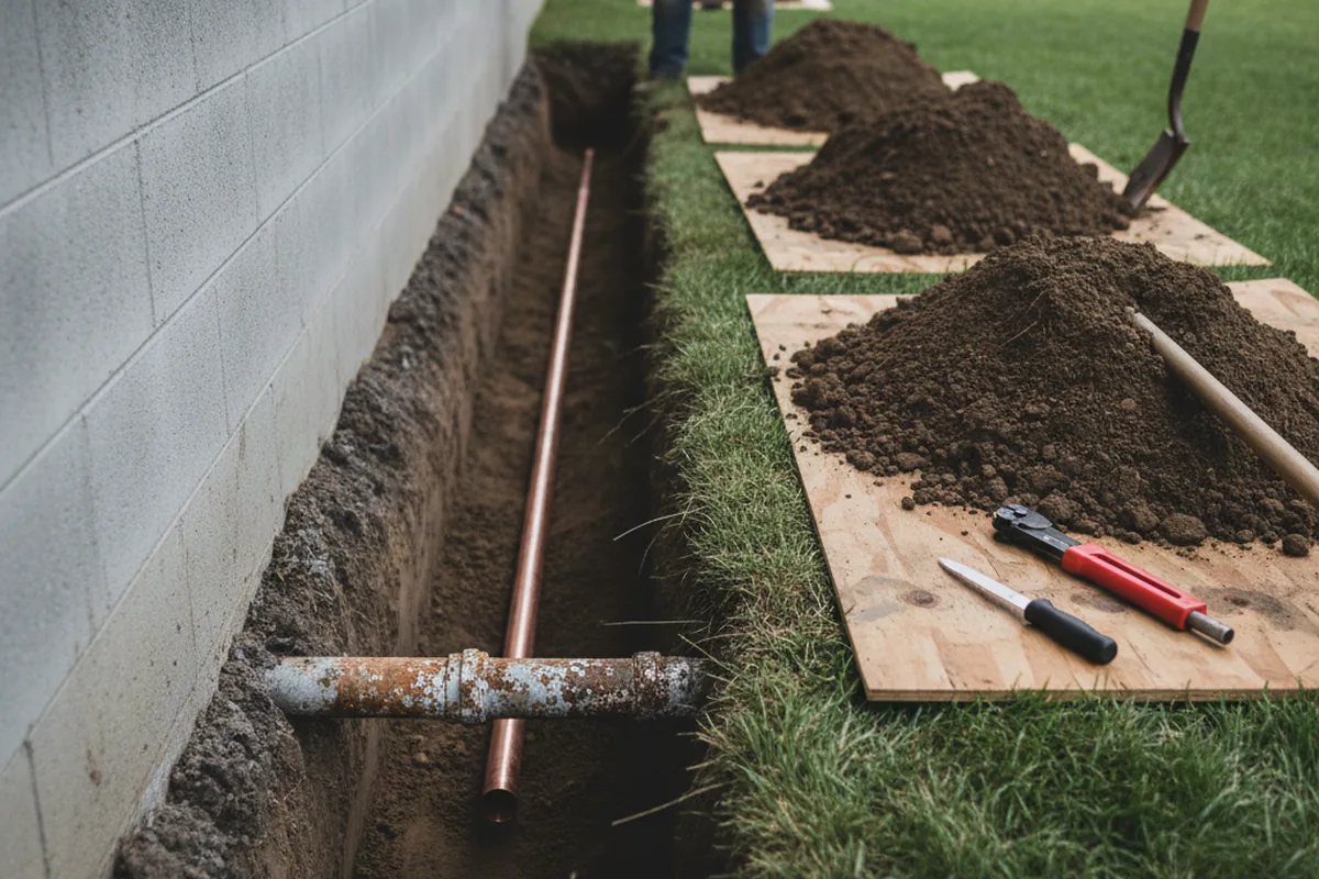 Excavated water line trench during Water Heater Repair in Cresson